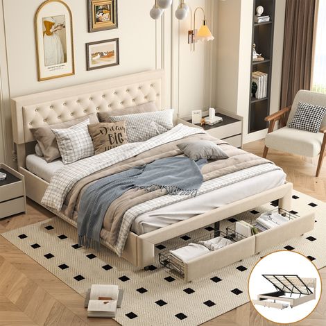 Lit coffre 160x200 avec sommier – Dossier souple capitonné en velours  – Levier hydraulique pour rangement pratique – 2 tiroirs -beige (1/5)