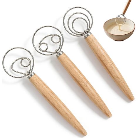 Fouet à Pâte Danois, 3 Pièces Fouet de Cuisine pour Pâte à Pain, Batteur d'Œufs 13" avec Manche en Bois, Idéal pour la Préparation de Pâte à Pain et de Pâtisseries (1/5)