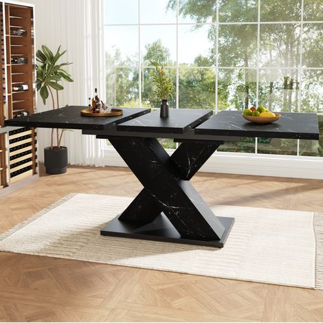 Table à manger extensible MDF noir effet marbre 119,5 à 159x80x75 cm, piètement en X, 4 à 6 personnes