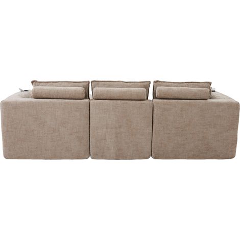 Canapé modulaire 3 places en chenille kaki avec pouf, coussins, porte-boissons et poches latérales (1/5)