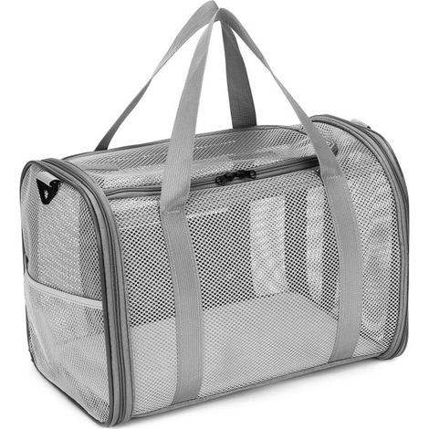 Breathable Mesh Pet Carrier Large-Space Cat Carrying Bag with Shoulder Strap & Removable Mat Foldable Pets Travel Carriers for Cats Dogs, light gray