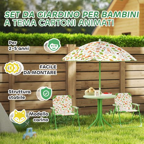 Lot enfant 2-5 ans : table ronde pliante, 2 chaises + parasol vert, mobilier jardin extérieur. (1/5)