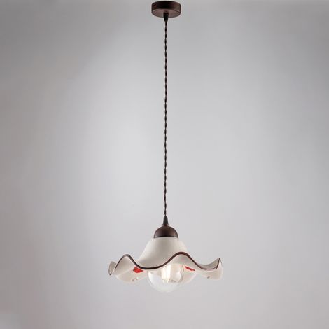 Sospensione in ferro laccato nero e decorazione ruggine con diffusore in ceramica diametro 30 bianco e marrone con cavo elettrico ricoperto in tessuto intrecciato regolabile 1 luce H.16 - MAX 91 - Ø30
