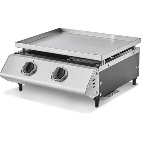 Brasero – Plancha à gaz Cadix Inox 2 brûleurs 6,3 kW – Plaque inox 3 mm – Double zone de cuisson – Surface 45,5 x 36 cm – Compacte pour 6 convives