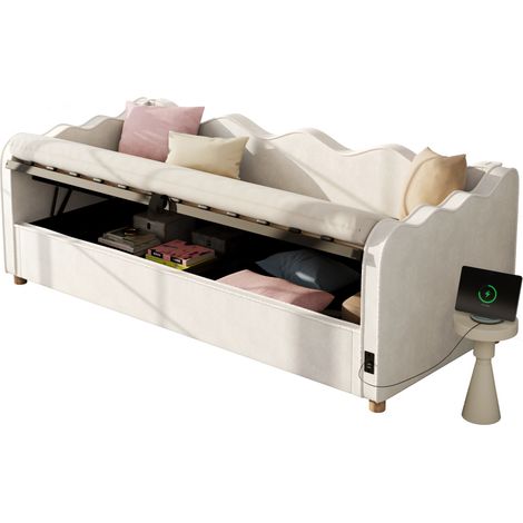 Bettsofa 90x200 cm beige aus Samt, mit hydraulischem Stauraum, Rückenlehne und USB-/Type-C-Anschluss