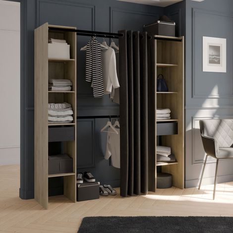 Dressing 2 colonnes 1 rideau 182x50x200 cm effet chêne et noir