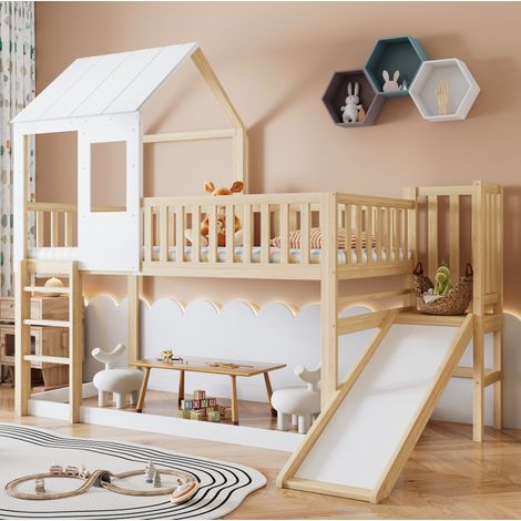 Letto a castello 90x200 cm naturale e bianco in legno di pino con scivolo, scala e tetto (1/5)