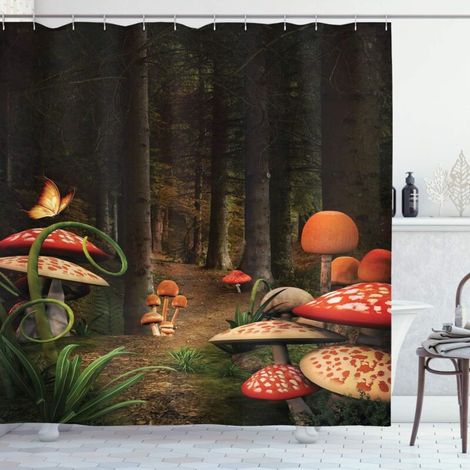 Duschvorhang mit braun-rot-grünem Pilzmuster (150 x 180 cm), dunkle Waldpilze, Badezimmer-Dekor-Set aus Stoff (1/4)