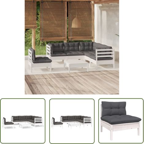 The Living Store Salon de jardin 6 pcs avec coussins blanc bois de pin - Ensemble Salon De Jardin - Mobilier De Jardin - Salon De Patio - Meubles De Jardin - Chaise Longue (1/5)