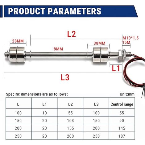 Interrupteur à Flotteur Double Bille en Acier Inoxydable 250mm, Capteur de Niveau d'eau, Flotteur Pompe de Relevage, pour Hydroponie, Jardinage, Piscine (1/5)