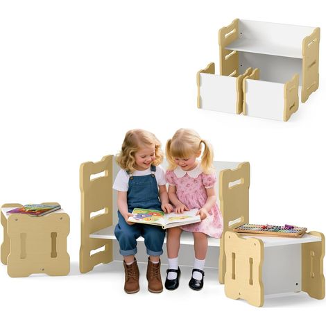 COSTWAY Set Tavolo e Sedia per Bambini, Set 3 Pezzi per Bambini con 2 Sgabelli e Tavolo Attività, Angoli Arrotondati e Maniglia, Mobili Multifunzionali per Casa, Scuola e Asilo (Naturale) (1/5)