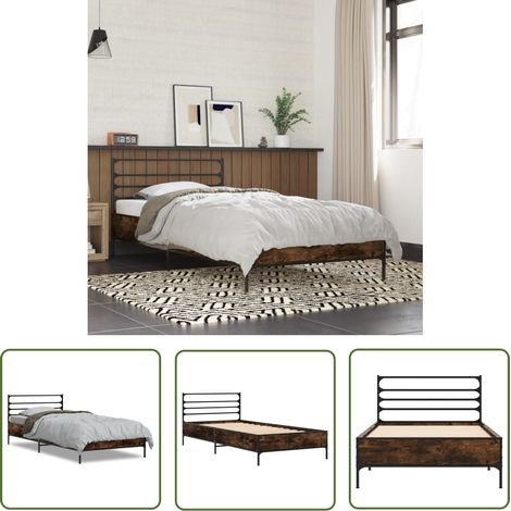 The Living Store Bettgestell Räuchereiche 100x200 cm Holzwerkstoff und Metall - Holzbettfassungen - Doppelbett - Bettrahmen - Massivholzbette - Lattenrost (1/5)
