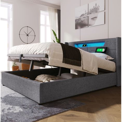 Bett 160x200 cm gepolstert mit Stauraum, graues Leinen, Kopfteil mit LED, USB und Type-C, Lattenrost
