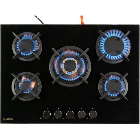 Klarstein Goldflame 5 Cocina a gas con 5 fogones de latón y vitrocerámica de color negro
