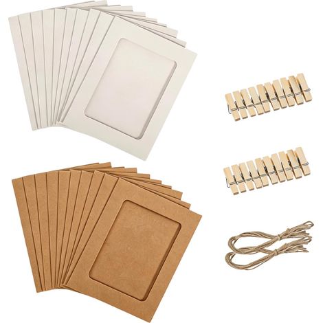 Lot de 20 cadres photos en papier (10x15 cm) avec 20 pinces en bois et 2 cordes de chanvre, suspension photo pour anniversaire, mariage, fête, école et décoration murale (1/5)