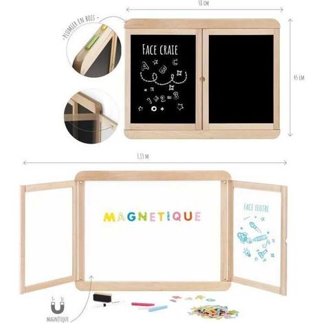 Magnetic triptych wall board - JEUJURA - Magnetic central slate. 2 panels. white and chalk side