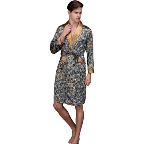 1 peignoir kimono homme, col en V, ceinture amovible, poches avant, satin, longueur classique, usage maison/sauna/voyage (1/5)