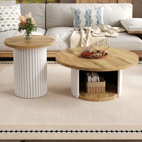 Table basse ronde 75x75x50 cm et 45x45x35 cm naturelle en MDF avec rangements et bords arrondis (1/5)