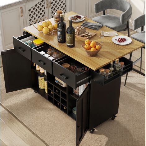 Carrito de cocina 124x65x85,3 cm con estantes extensibles, 2 puertas, 3 cajones, bandeja plegable, toallero, especiero, en MDF, negro (1/5)