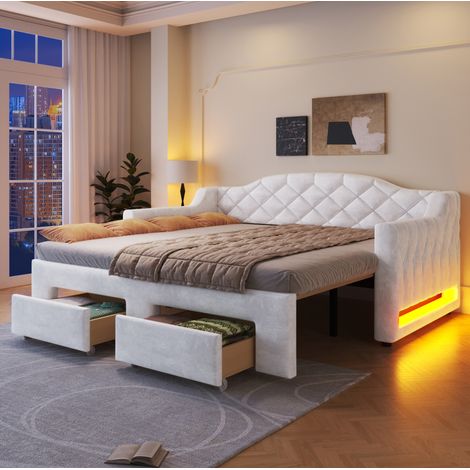 MEUBLIV Letto 90x200 cm bianco – estensibile, LED e cassetti, senza materasso (1/5)