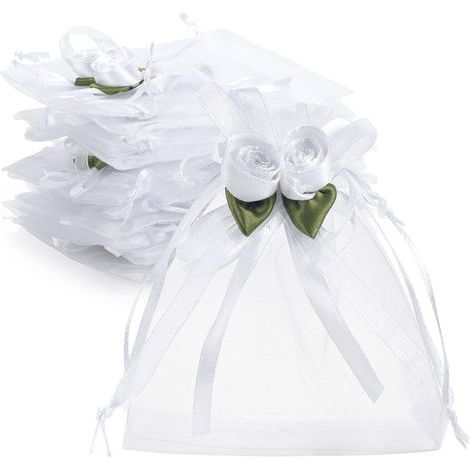 50 Pack White Rose Organza Drawstring Gift Bags, 4" x 5", Wedding Favor Gift Bags, Small Mesh Candy Bags, Jewelry Pouches for Party, Wedding, Christmas, DIY. (1/4)