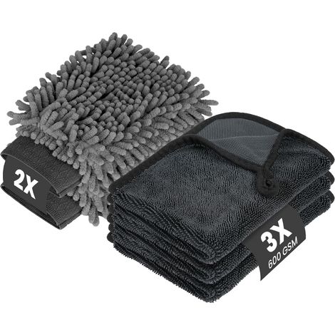 Kit de limpieza para coche de 5 piezas con 3 paños de microfibra y 2 pares de guantes de lavado de chenilla, toallas de papel de 600 g/m². (1/5)
