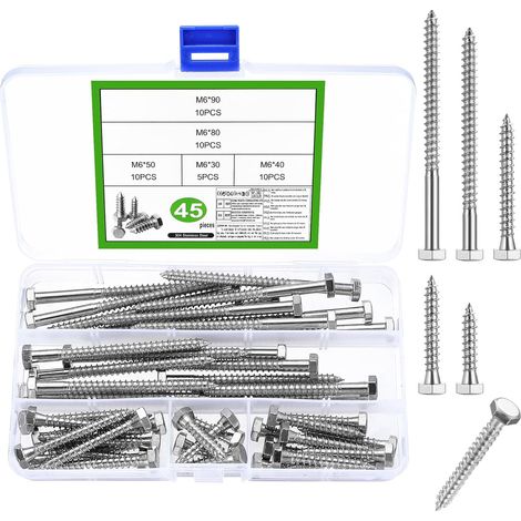 45 Pièces Vis Autotaraudeuses à Tôle Hexagonales, M6 Vis Autoperceuse à Tête Hexagonale, Vis Autoforeuse Inox pour Tole Acier Fixation Bois, M6x30/40/50/80/90mm (1/5)