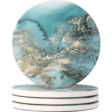 Lot de 4 sous-verres ronds en pierre absorbante, base liège, marbre bleu – DELKEVIC (1/5)