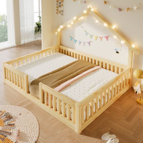 Letto a castello per bambini 140x200 cm in legno con LED e sponda di sicurezza, naturale (1/5)