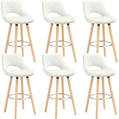 WOLTU Lot de 6 Tabouret de bar, en Cuir synthétique et bois massif avec dossier et repose-pieds, 43x43x91cm, Blanc (1/4)