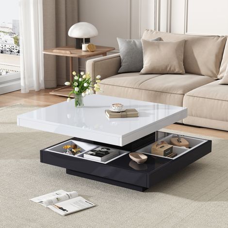 Table basse laquée brillante – Pivotante 360° – 2 niveaux tournants – Rangement – Blanc/noir – 70x70x36cm – Salon (1/5)