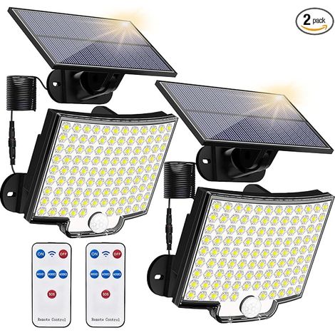 Projecteur solaire d'extérieur, 106 LED, 3000 lm, avec détecteur de mouvement et télécommande. Éclairage mural de sécurité solaire LED à allumage automatique crépusculaire, câble de 5 m, étanchéité IP (1/5)