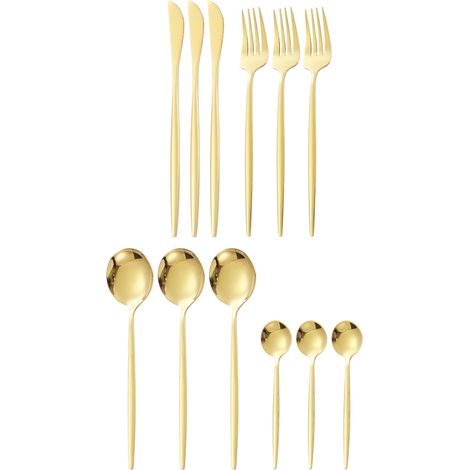Ensemble de couverts 12 pièces (cuillères, couteaux, fourchettes) en acier inoxydable 410 brillant, finition dorée, idéal pour la maison et le restaurant. (1/5)