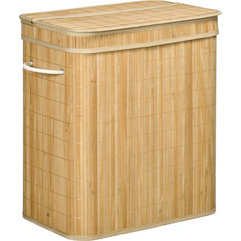 Cesto de ropa sucia de bambú con tapa y asas, 90 L, 2 compartimentos, 54,2 x 35,2 x 59,5 cm, HOMVRA (1/5)