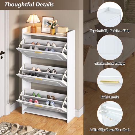 Armoire à chaussures de dimensions 7024120 cm. L’armoire est équipée de 6 compartiments.  Constituée de MDF et de plaques en acier, elle est de couleur blanche.