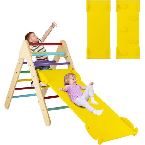 COSTWAY 3 en 1 Triángulo de Escalada con Rampa Ajustable para Escalar y Deslizarse, Escalador Triangular de Madera, Juguetes Triangulares de Escalada para Niños Pequeños (1/5)