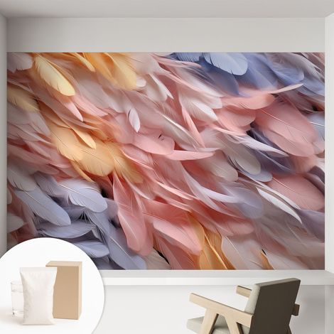 Papier peint intissé mural pour salon chambre à coucher tendance et originale - Colle incluse gratuite Plumes pastel 152x104 cm (1/5)