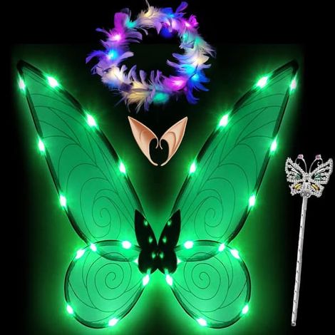 BelleRise - Ailes de fée scintillantes pour adultes, bandeaux LED et baguettes magiques pour fêtes d'enfants. Vert libellule. (1/5)