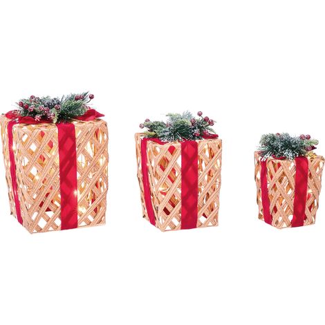 Conjunto de 3 decoraciones regalos de Navidad con luces LED blancas cálidas adornos festivos para interior marrón lazo rojo Velkua (1/5)