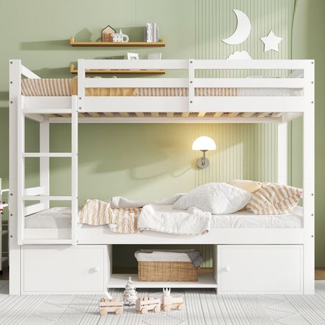 Lit superposé enfant 90x200 cm séparable en 2 lits simples, avec étagères à chaussures et casiers de rangement, sommier inclus, bois FSC blanc (1/5)