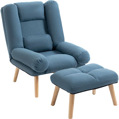 Armchair with Footstool, 180° Recliner with Ottoman, Accent Chair and Footstool with 3-Position Adjustable Backrest and Wooden Legs for Living Room, Blue