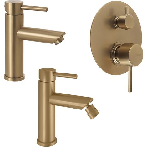 Set miscelatori lavabo bidet e doccia con deviatore in acciaio inox oro opaco Garda di Gedy (1/5)