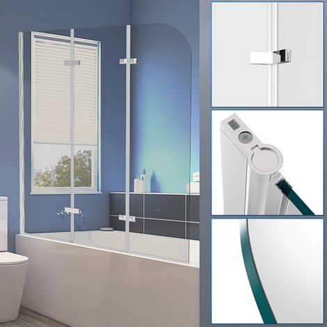 Randaco Badewannenaufsatz Duschwand Faltwand Badewanne Duschabtrennung aus 6mm NANO  ESG Klar Glas Rechts-und Links montierbar 3-teilig faltbar 120x140CM Silber