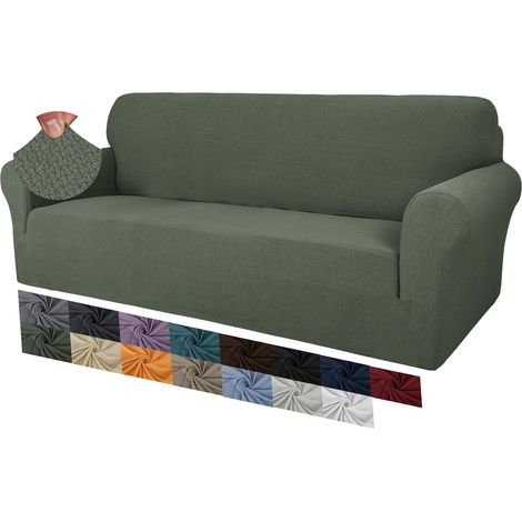 1 Housse de canapé 3 places, Jacquard extensible antidérapante, protection animaux, tissu polyester élasthanne, vert armée (1/5)