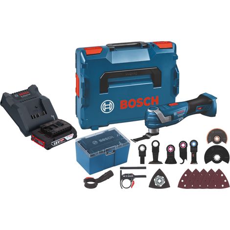 Bosch GOP 18V-34 Professional Cutter multifonctions sans fil 18 V Starlock Plus + 1x batterie 2,0 Ah + chargeur + 17 pces. d'accessoires + L-Boxx