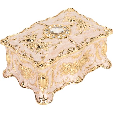 Boîte à bijoux rectangulaire vintage, style rétro, en métal émaillé antique, bordure dorée et strass, blanche. (1/5)