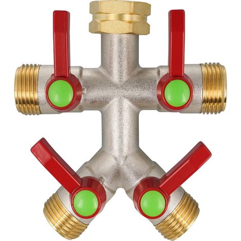 Conector en Y para manguera de jardín: válvula de alto caudal, de 4 vías, de latón resistente, con entrada GHT de 3/4", y asas largas para regar el jardín al aire libre. (1/5)