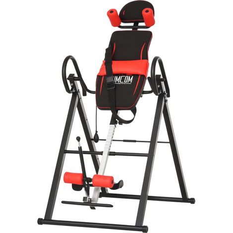 Panca à inversion avec angle et hauteur réglables et poggiatête en acier et plastique 79x114x153 cm rouge et noir (1/5)