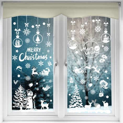 Autocollants de Noël pour vitres – Décorations festives réutilisables avec motifs flocons, renne et Père Noël – 40 cm × 60 cm – Double face (1/4)