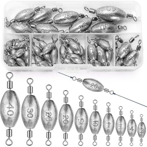 Ansyswit 25/45 pièces Plombs de pêche olive avec émerillon intégré - 6/10 tailles, 3g-40g